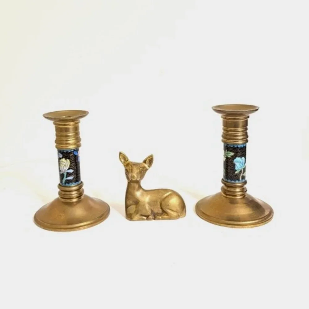 Pier 1 Blue Floral Cloisonné and Brass‎ Candle Holders, Set of 2+Bonus